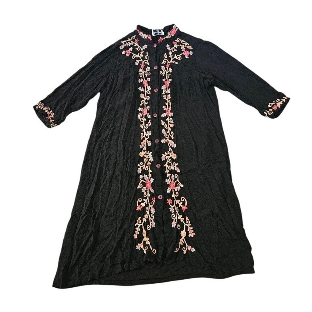 April Cornell Black Embroidered Rayon Button Front Dress XL Floral Boho Duster
